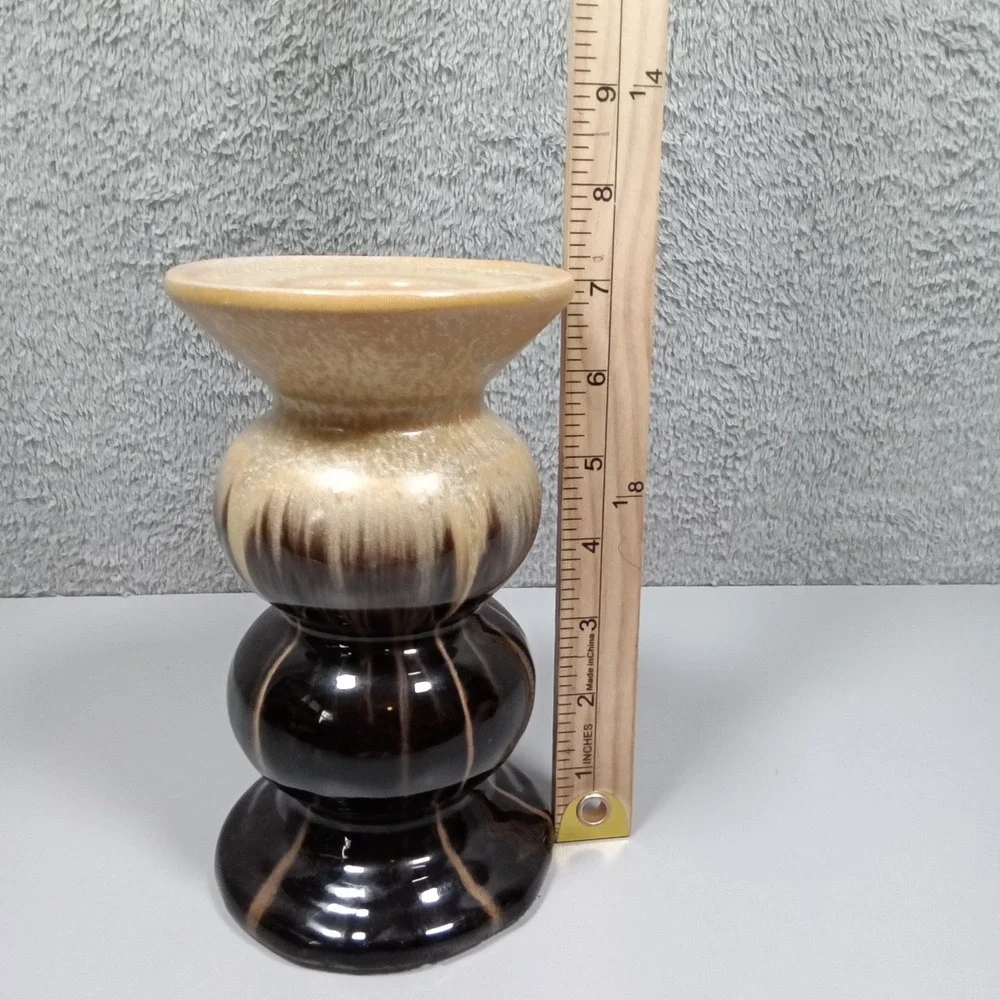 Vintage Style Brown Tan Drip‎ Glaze Ceramic Triple Bulbous Pillar Candle Holder